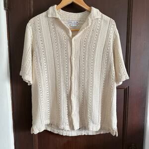 ZARA | Men's Cream Crochet Style Button down Cabana Shirt | Small